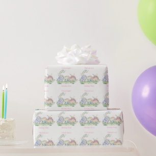 Pastel Watercolor Dinosaur Birthday Party Name Wrapping Paper