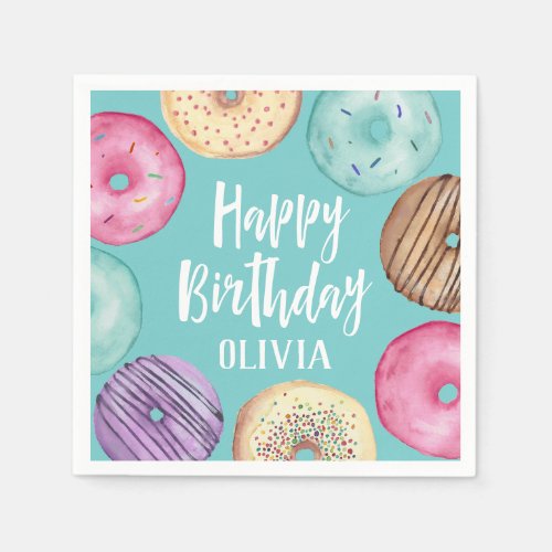Pastel Watercolor Donut Personalized Birthday Napkins