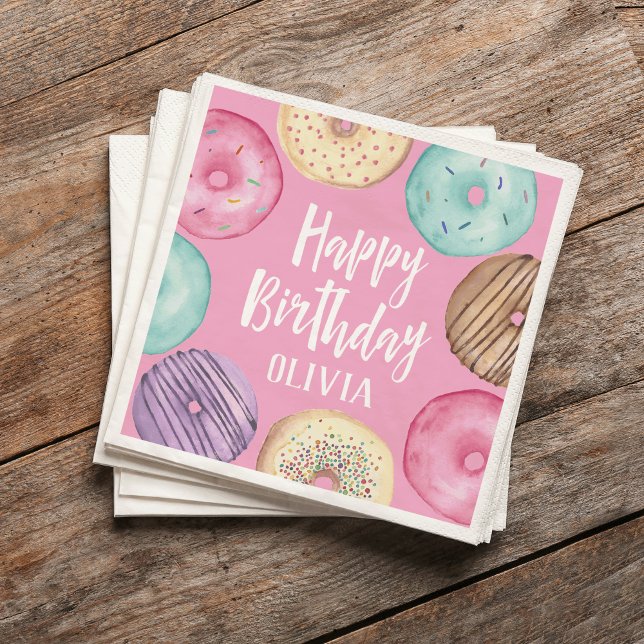 Pastel Watercolor Donut Personalized Birthday Napkins (Creator Uploaded)