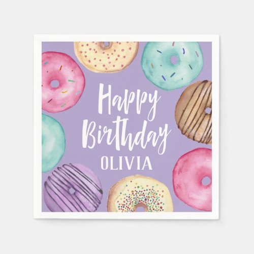 Pastel Watercolor Donut Personalized Birthday Napkins