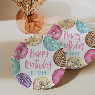 Pastel Watercolor Donut Personalized Birthday Paper Plates