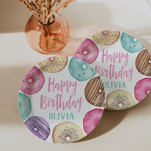 Pastel Watercolor Donut Personalized Birthday Paper Plates (Creator Uploaded)