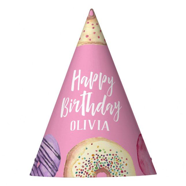 Pastel Watercolor Donut Personalized Birthday Party Hat (Front)
