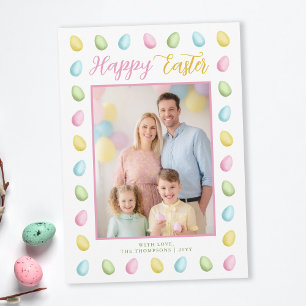 Pastel Watercolor Easter Eggs With Family Photo Card