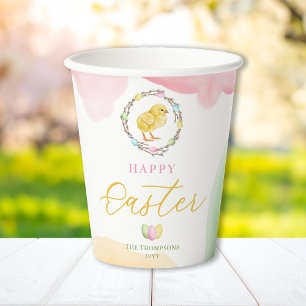 Pastel Watercolor Easter Wreath With Yellow Chick Paper Cups