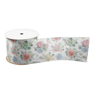 Pastel Watercolor Echievera Succulents Pattern Satin Ribbon