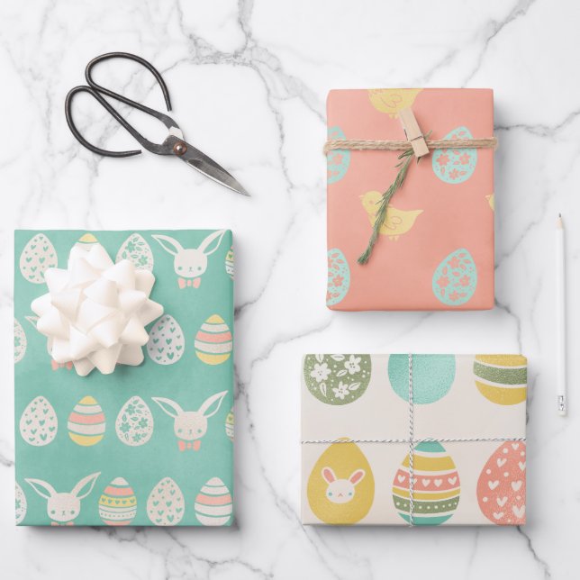 Pastel Watercolor Eggs Bunny Merry Easter Wrapping Paper Sheets (Front)