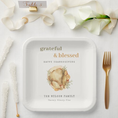 Pastel Watercolor Elegant Turkey Meal Thanksgiving Paper Plates