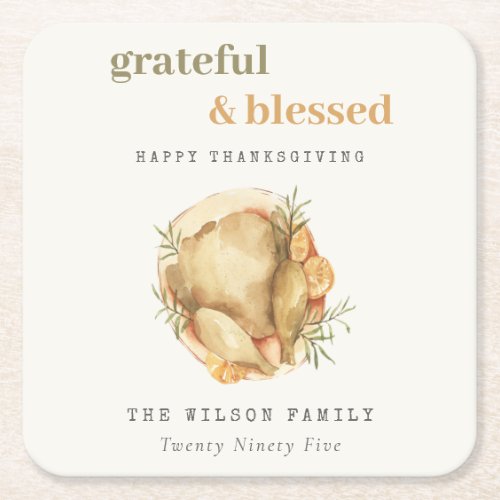 Pastel Watercolor Elegant Turkey Meal Thanksgiving Square Paper Coaster