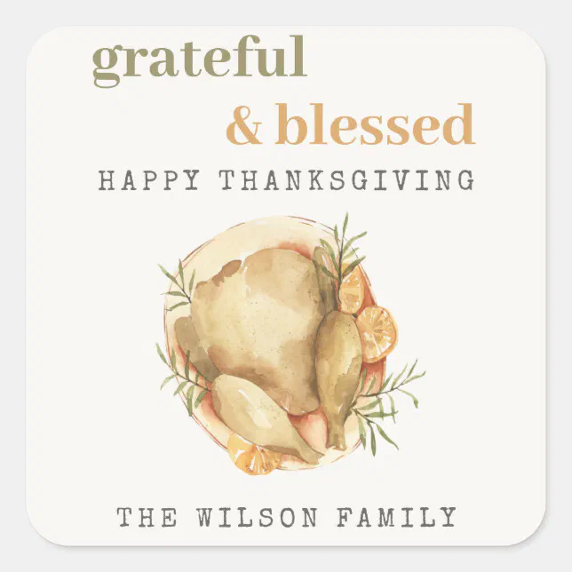 Pastel Watercolor Elegant Turkey Meal Thanksgiving Square Sticker | Zazzle
