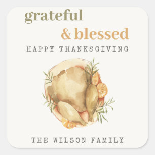 Pastel Watercolor Elegant Turkey Meal Thanksgiving Square Sticker