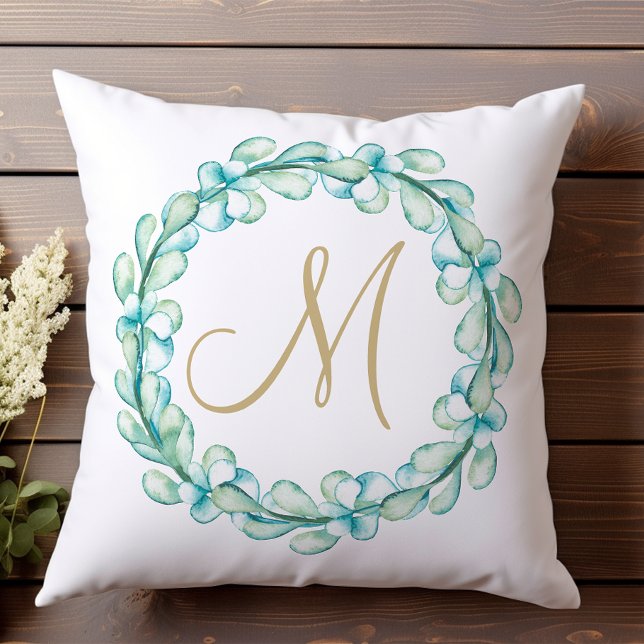 Pastel Watercolor Eucalyptus Wreath Monogram Throw Pillow (Creator Uploaded)