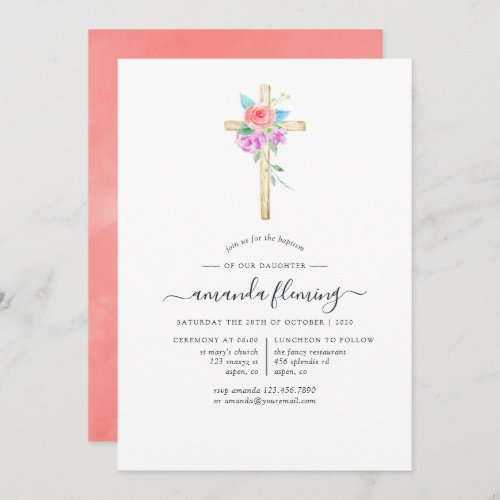 Pastel Watercolor Floral Baby BaptismChristening Invitation