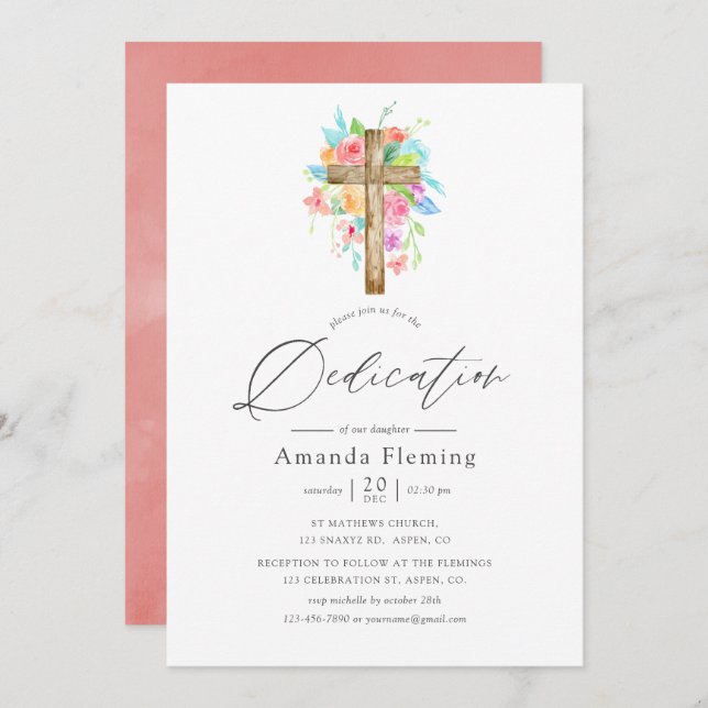 Pastel Watercolor Floral Baby Dedication Invitation (Front/Back)