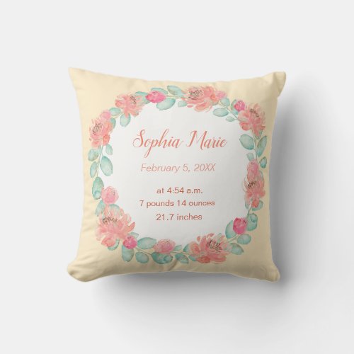 Pastel Watercolor Floral Baby Girl Birth Stats Throw Pillow
