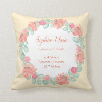 Pastel Watercolor Floral Baby Girl Birth Stats Throw Pillow