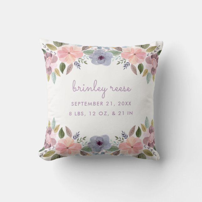 Pastel Watercolor Floral Birth Information Baby Throw Pillow (Front)