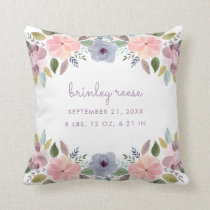 Pastel Watercolor Floral Birth Information Baby Throw Pillow