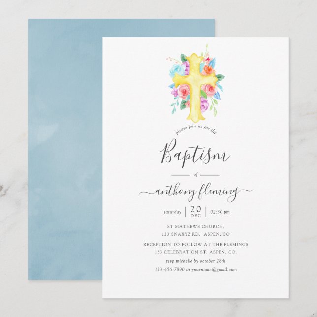 Pastel Watercolor Floral Boy Baptism/Christening Invitation (Front/Back)