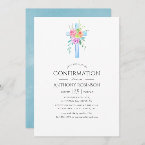 Pastel Watercolor Floral Boy Confirmation Invitation