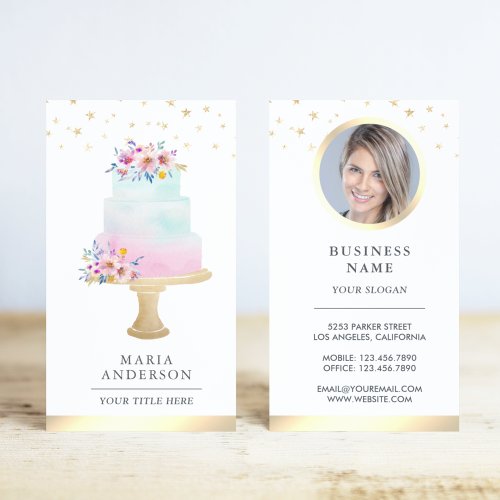 Pastel Watercolor Floral Cake Pastry Chef Bakery Business Card