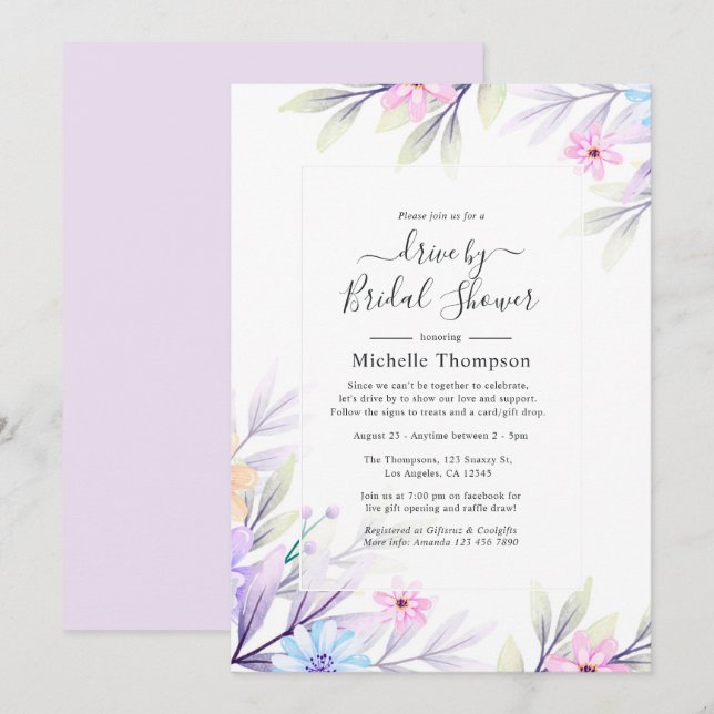 Pastel Watercolor Floral Drive By Shower Invitation (Front/Back)