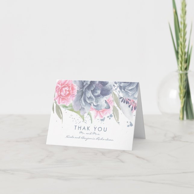 Pastel Watercolor Floral Elegant Wedding Thank You Card (Front)