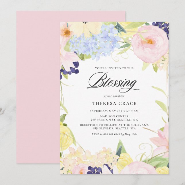 Pastel Watercolor Floral Frame Blessing Invitation (Front/Back)