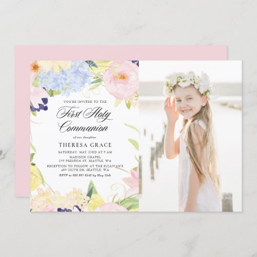 Pastel Watercolor Floral Frame First Communion Invitation