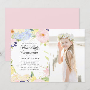 Pastel Watercolor Floral Frame First Communion Invitation