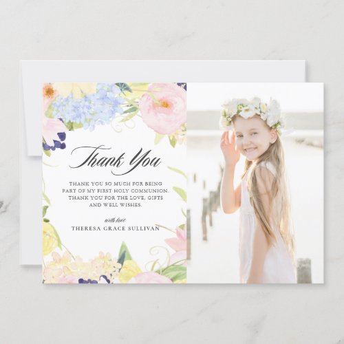 Pastel Watercolor Floral Frame First Communion Thank You Card