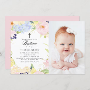 Pastel Watercolor Floral Frame Photo Baptism Invitation