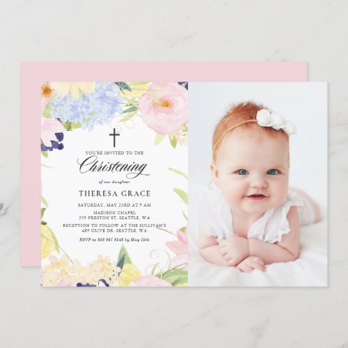 Pastel Watercolor Floral Frame Photo Christening Invitation