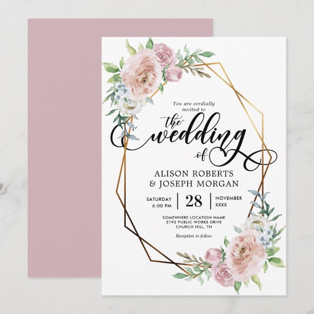 Pastel watercolor floral geometric frame wedding invitation (Front/Back)