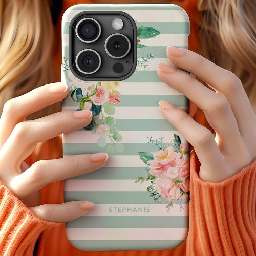 Pastel Watercolor Floral Mint Striped Personalized iPhone 12 Case