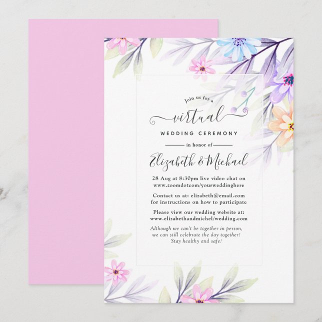 Pastel Watercolor Floral Online Virtual Wedding Invitation (Front/Back)
