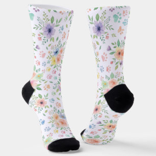 Pastel Watercolor Floral & Paw Print Crew Socks
