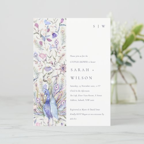Pastel Watercolor Floral Peacock Couples Shower Invitation