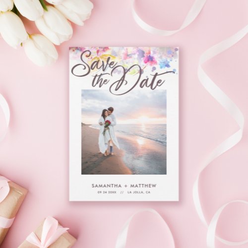Pastel Watercolor Floral Photo Wedding Save The Date