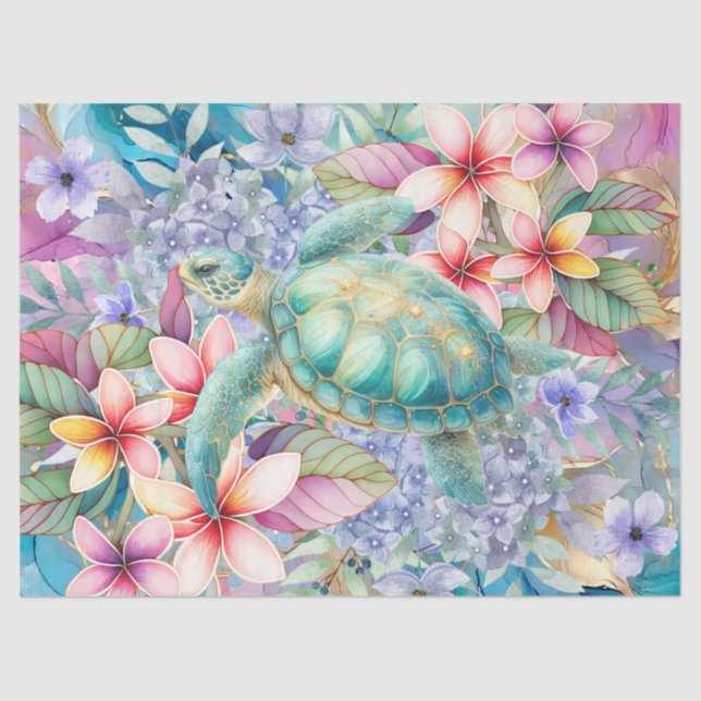Pastel Watercolor Floral Sea Turtle Decoupage Tissue Paper (Front)