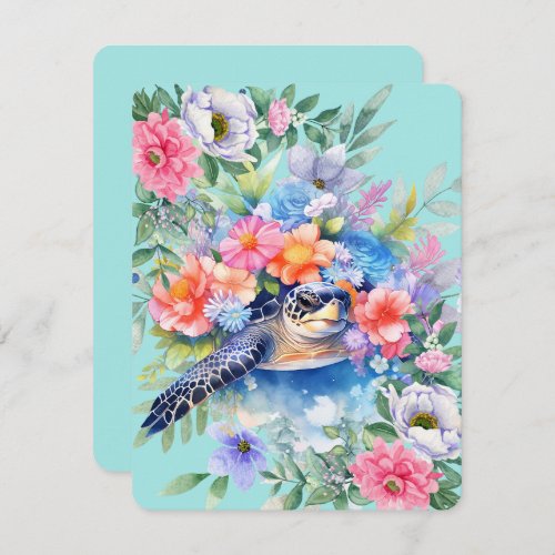 Pastel Watercolor Floral Sea Turtle Note Card