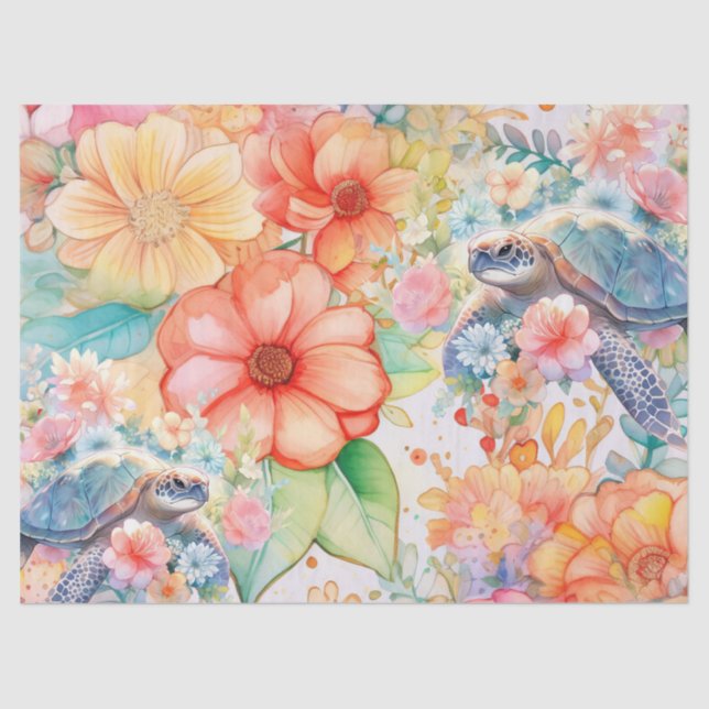 Pastel Watercolor Floral Sea Turtles Tissue Paper (Front)