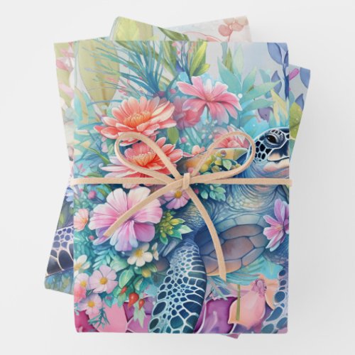 Pastel Watercolor Floral Sea Turtles  Wrapping Paper Sheets