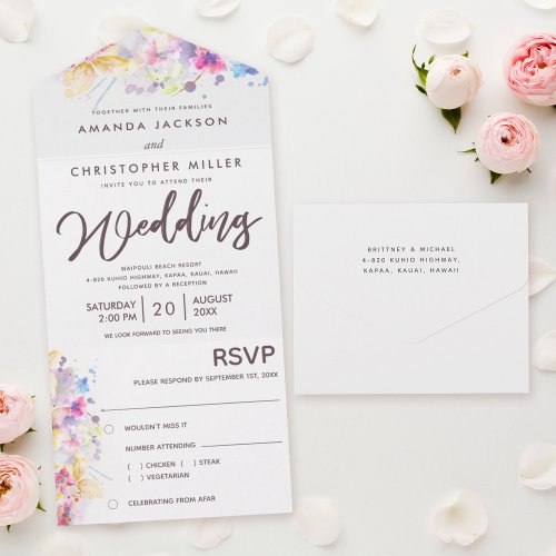 Pastel Watercolor Floral Wedding All In One Invitation