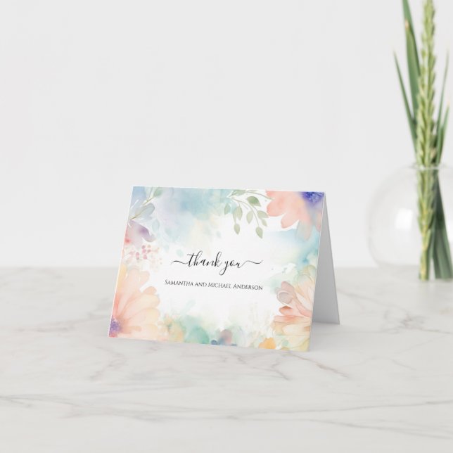 Pastel Watercolor Floral Wedding Thank you card (Front)