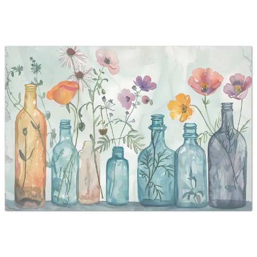 Pastel Watercolor Florals in Bottles Decoupage Tissue Paper