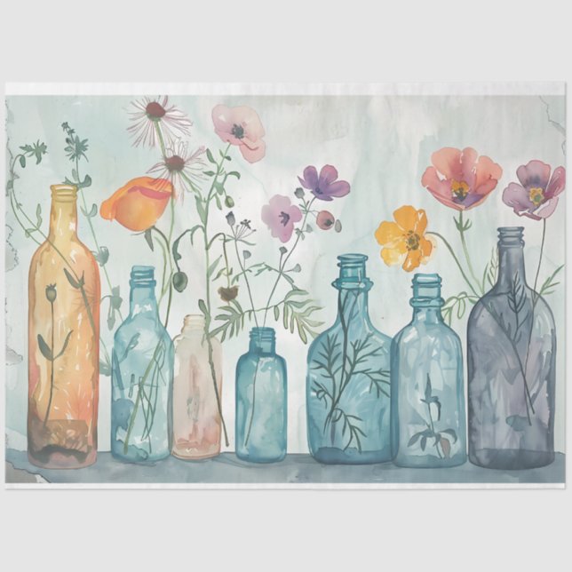 Pastel Watercolor Florals in Bottles Decoupage Tissue Paper (Front)