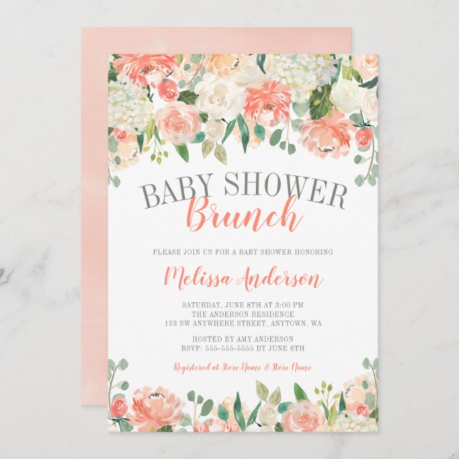 Pastel Watercolor Flower Brunch Baby Shower Invite (Front/Back)
