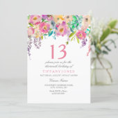 Pastel Watercolor Flower Girls 13th Birthday Party Invitation (Standing Front)