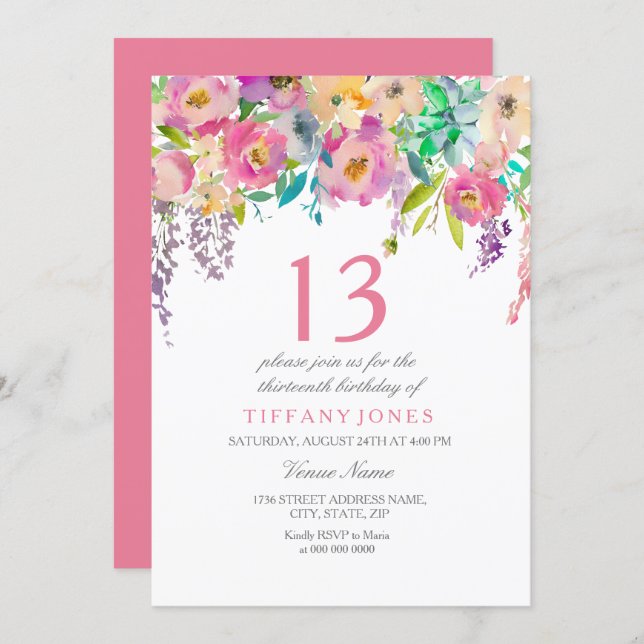 Pastel Watercolor Flower Girls 13th Birthday Party Invitation (Front/Back)